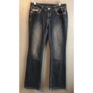 Love Indigo Womens Jeans 12 Bootcut Thick Stitch Embellished Flap Pockets Denim